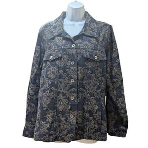 Denim & Co XL Navy Blue Damask Tapestry Cotton Jacket Cottagecore Grannycore